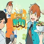 Ba nhân vật hoạt hình với trang phục đầu bếp, mang theo bát salad và các dụng cụ nấu ăn, trên nền màu xanh nhạt với văn bản Chef Hero