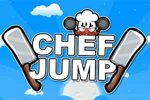 Hình ảnh gồm chữ CHEF JUMP với hai dao làm bếp và một đầu bếp hoạt hình đeo mũ, trên nền trời xanh có mây