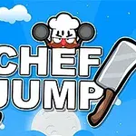 Hình ảnh gồm chữ CHEF JUMP với hai dao làm bếp và một đầu bếp hoạt hình đeo mũ, trên nền trời xanh có mây