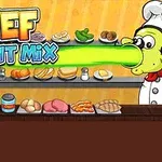 Đầu bếp hoạt hình đeo mũ và tạp dề, đứng trước quầy với các nguyên liệu và dụng cụ nấu ăn