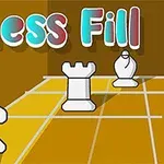 Các quân cờ bao gồm mã, xe và tượng đứng trên bàn cờ với nền chữ Chess Fill