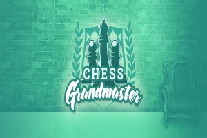 Logo với hai quân cờ vua và dòng chữ Chess Grandmaster trên nền tường gạch xanh