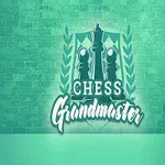 Logo với hai quân cờ vua và dòng chữ Chess Grandmaster trên nền tường gạch xanh