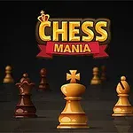 Các quân cờ vua vàng và nâu được bố trí trên nền đen với dòng chữ CHESS MANIA lớn phía trên