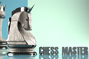 Tượng quân cờ ngựa với bề mặt chạm khắc phức tạp, bên cạnh dòng chữ CHESS MASTER