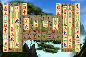 Các quân bài mạt chược được sắp xếp theo hình chữ nhật trên nền phong cảnh thiên nhiên với cây cối và núi non