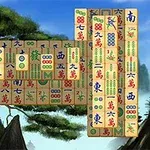 Các quân bài mạt chược được sắp xếp theo hình chữ nhật trên nền phong cảnh thiên nhiên với cây cối và núi non