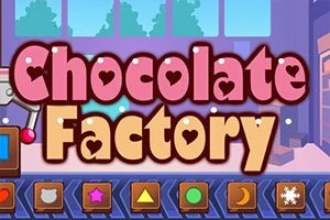 Chữ Chocolate Factory màu hồng và vàng với các họa tiết trái tim, nền là một xưởng sản xuất sô-cô-la với cửa sổ lớn và các biểu tượng hình học phía dưới