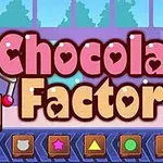 Chữ Chocolate Factory màu hồng và vàng với các họa tiết trái tim, nền là một xưởng sản xuất sô-cô-la với cửa sổ lớn và các biểu tượng hình học phía dưới