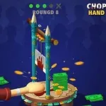 Một khung cảnh hoạt hình với bàn tay đặt trên guillotine, xung quanh có tiền xu và tờ tiền nổi, trong bối cảnh có bóng đổ của người xem phía sau