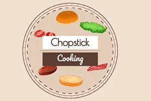 Hình ảnh gồm có rau, lát cà chua, thịt, bánh mì tròn và chữ Chopstick Cooking trên nền màu be