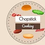 Hình ảnh gồm có rau, lát cà chua, thịt, bánh mì tròn và chữ Chopstick Cooking trên nền màu be
