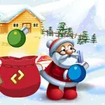 Ông già Noel đứng giữa khung cảnh tuyết trắng bên cạnh túi quà đỏ lớn gần nhà gỗ