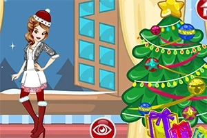 Một nhân vật nữ mặc trang phục Giáng Sinh đứng bên cạnh cây thông Noel được trang trí rực rỡ với các món quà bên dưới