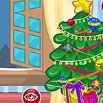 Một nhân vật nữ mặc trang phục Giáng Sinh đứng bên cạnh cây thông Noel được trang trí rực rỡ với các món quà bên dưới
