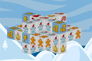 Hình ảnh một khối xếp chồng từ nhiều khối nhỏ hơn, mỗi mặt có các biểu tượng như người tuyết, bánh gừng, chuông, tia chớp và ký hiệu x2, trên nền phong cảnh tuyết phủ