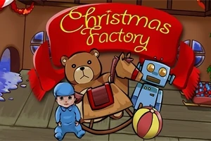 Gấu bông, robot và em bé đứng trước băng rôn có dòng chữ Christmas Factory