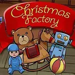 Gấu bông, robot và em bé đứng trước băng rôn có dòng chữ Christmas Factory