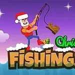 Hình ảnh một nhân vật đội mũ ông già Noel đang câu một chiếc xe trượt tuyết, với chữ Christmas Fishing