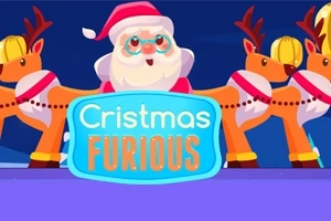 Ông già Noel đội mũ đỏ đứng giữa hai con tuần lộc đội mũ bảo hộ, phía trước có bảng hiệu ghi Cristmas Furious