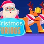 Ông già Noel đội mũ đỏ đứng giữa hai con tuần lộc đội mũ bảo hộ, phía trước có bảng hiệu ghi Cristmas Furious