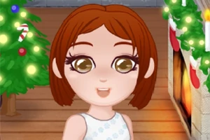 Nhân vật hoạt hình với mái tóc nâu ngắn đứng trước cây thông Noel và lò sưởi trang trí tất đỏ