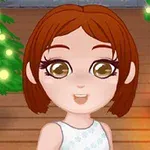 Nhân vật hoạt hình với mái tóc nâu ngắn đứng trước cây thông Noel và lò sưởi trang trí tất đỏ