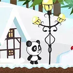Panda đứng cạnh cột đèn trong khung cảnh tuyết phủ với ngôi nhà và cây kẹo gậy