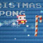 Chữ CHRISTMAS PONG trên nền xanh với nhân vật pixel ông già Noel và cây kẹo gậy