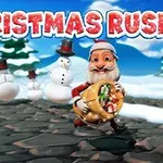 Ông già Noel đang chạy trên con đường lát đá, cầm túi quà, với ba người tuyết phía sau và chữ Christmas Rush phía trên