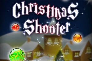 Tiêu đề Christmas Shooter với các quả cầu màu sắc trước một ngôi làng phủ tuyết vào ban đêm