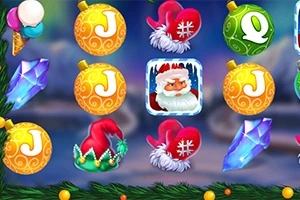 Hình ảnh có các quả cầu trang trí màu vàng, nút áo đỏ, chữ cái, viên pha lê xanh, mũ ông già Noel và biểu tượng ông già Noel