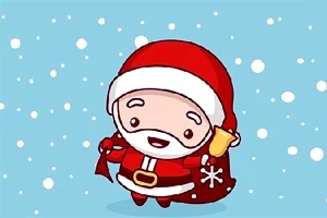 Hình ảnh ông già Noel dễ thương đang cầm chuông và mặc trang phục đỏ, xung quanh có tuyết rơi trên nền xanh