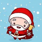 Hình ảnh ông già Noel dễ thương đang cầm chuông và mặc trang phục đỏ, xung quanh có tuyết rơi trên nền xanh