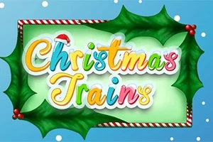 Chữ Christmas Trains nhiều màu sắc nằm trên nền xanh, trang trí bởi lá cây và quả đỏ kiểu Giáng Sinh