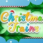 Chữ Christmas Trains nhiều màu sắc nằm trên nền xanh, trang trí bởi lá cây và quả đỏ kiểu Giáng Sinh