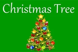 Christmas Tree Cây thông Noel trang trí với quả cầu và ngôi sao vàng trên nền xanh