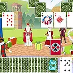 Hình ảnh có nền cảnh Giáng Sinh với ông già Noel và các nhân vật mặc trang phục lễ hội xung quanh, cùng với các lá bài được sắp xếp phía trước
