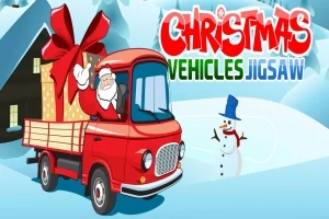 Ông già Noel lái xe tải đỏ chở quà, với hình người tuyết và ngôi nhà tuyết trong bối cảnh lễ Giáng Sinh