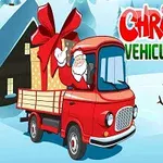 Ông già Noel lái xe tải đỏ chở quà, với hình người tuyết và ngôi nhà tuyết trong bối cảnh lễ Giáng Sinh