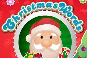 Ông già Noel với túi quà và kẹo gậy trên nền đỏ có chữ Christmas Words