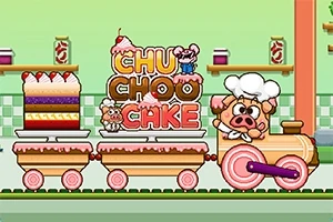 Đầu bếp heo lái xe lửa bánh kem với bánh nhiều tầng và chữ CHU CHOO CAKE màu sắc