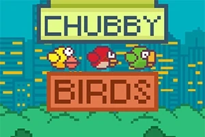 Ba chú chim màu vàng, đỏ, và xanh lá trong phong cảnh thành phố với tiêu đề CHUBBY BIRDS