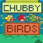Ba chú chim màu vàng, đỏ, và xanh lá trong phong cảnh thành phố với tiêu đề CHUBBY BIRDS