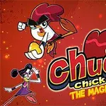 Các nhân vật hoạt hình gà và đồng đội được vẽ trên nền màu đỏ với tên Chuck Chicken The Magic Egg ở giữa