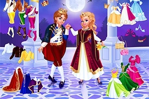 Hai nhân vật hoạt hình mặc trang phục hoàng gia đang nhảy múa dưới ánh trăng với nhiều bộ váy và trang phục đa dạng treo xung quanh
