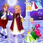 Hai nhân vật hoạt hình mặc trang phục hoàng gia đang nhảy múa dưới ánh trăng với nhiều bộ váy và trang phục đa dạng treo xung quanh