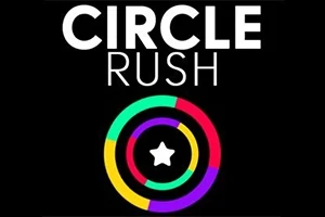 Hình ảnh có nền đen với hai từ CIRCLE RUSH màu trắng bên trên, dưới là ba vòng tròn màu xanh lá, vàng, đỏ, và tím, bên trong có một ngôi sao trắng