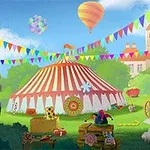 Một lễ hội ngoài trời với lều sọc trắng đỏ, bóng bay nhiều màu sắc, xe ngựa và đồ trang trí xung quanh