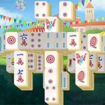 Các quân bài xếp chồng lên nhau thành hình dạng phức tạp trên nền khung cảnh công viên có cờ màu sắc rực rỡ